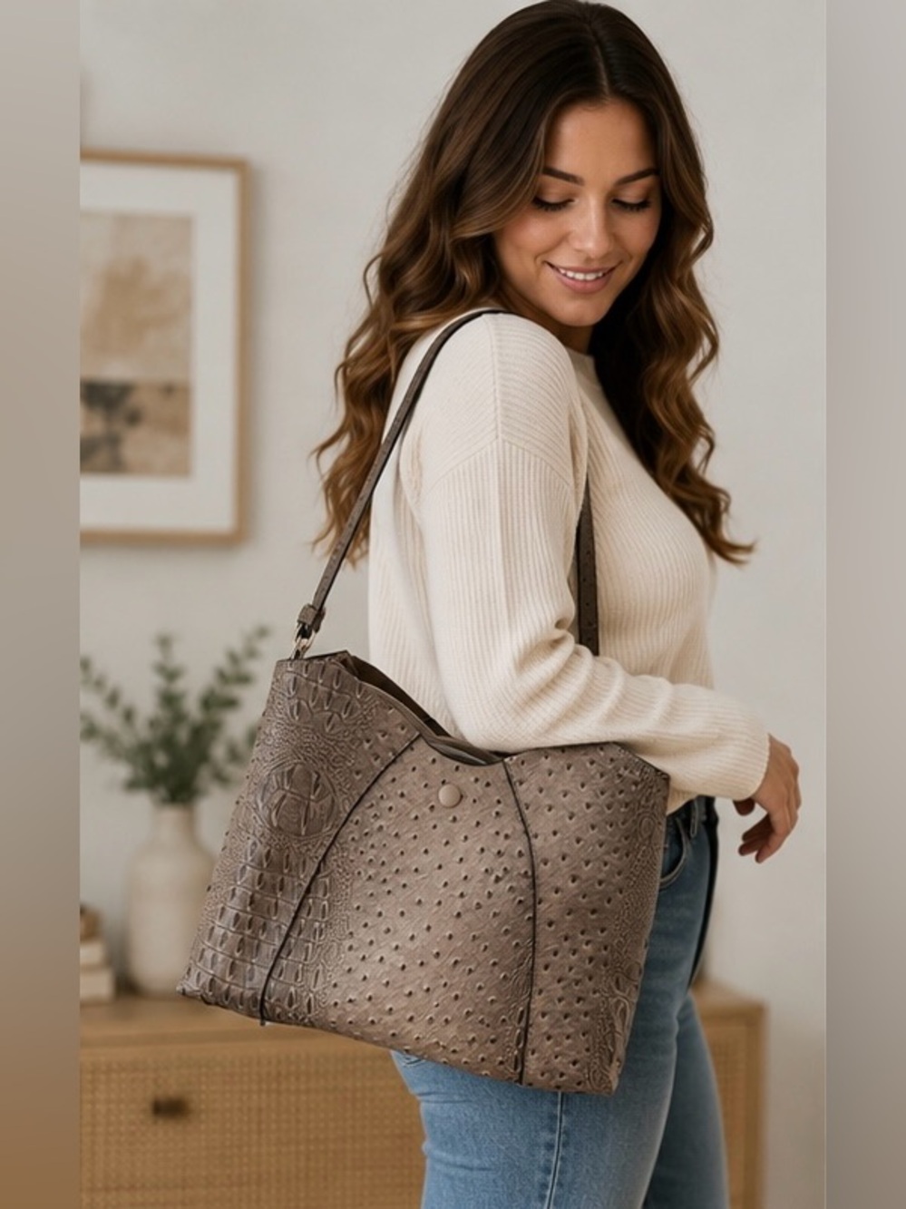 Stylish Taupe Faux Ostrich & Crocodile Embossed Shoulder Tote